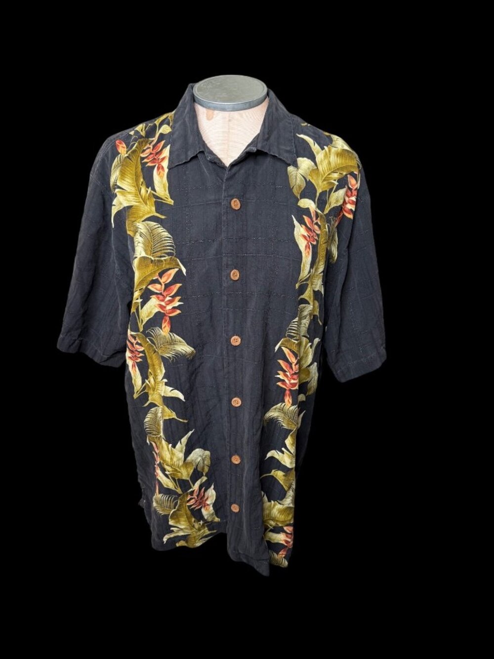 Vintage Tommy Bahama 100% Silk Hawaiian Camp Shirt L Floral Tropical Blk resort